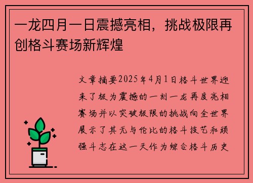 一龙四月一日震撼亮相，挑战极限再创格斗赛场新辉煌