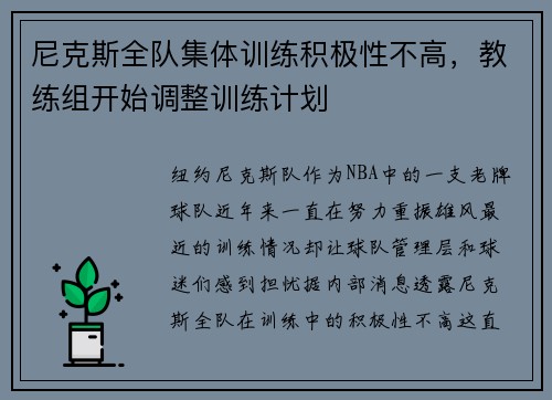 尼克斯全队集体训练积极性不高，教练组开始调整训练计划